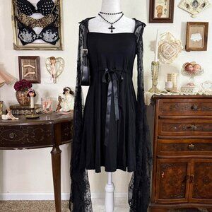 romantic goth witchy whimsigoth dainty lace flare sleeve hooded babydoll dress